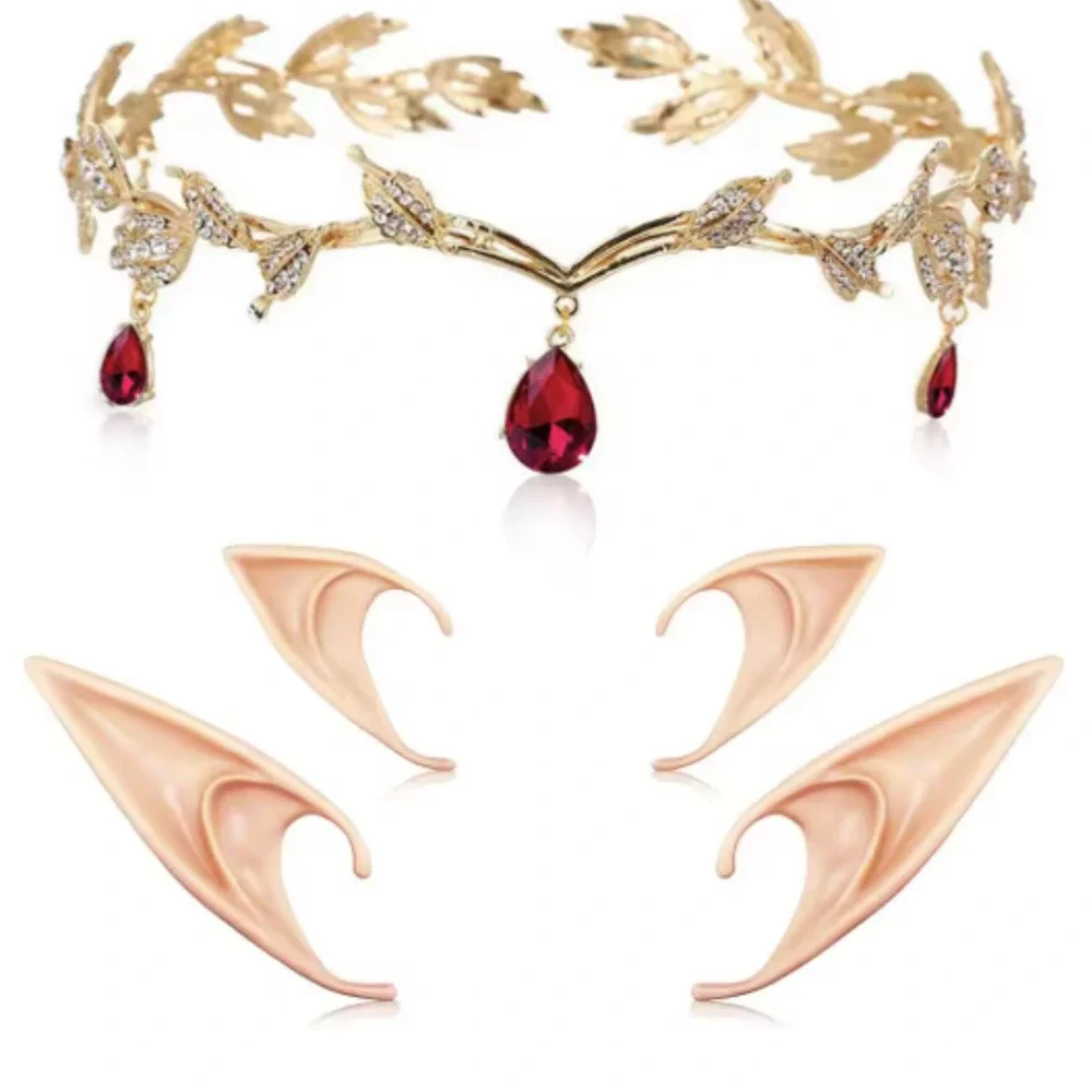 Gold Elf Fairy Tiara‎ Crown with Red Gem & 2 Pairs Elf Ears Cosplay Halloween